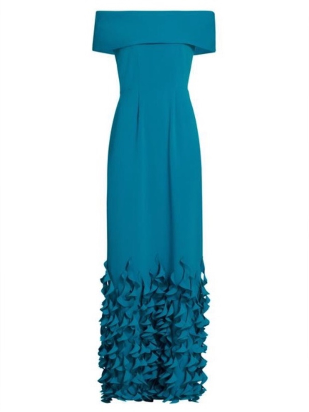 Catherine Regehr Crepe Off-The-Shoulder Sheath Gown Peacock Blue Dress